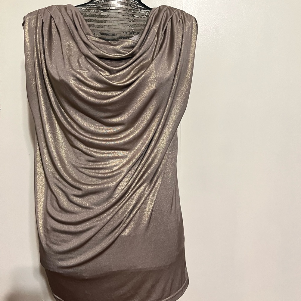 Champagne Sleeveless Ruched Waterfall Blouse